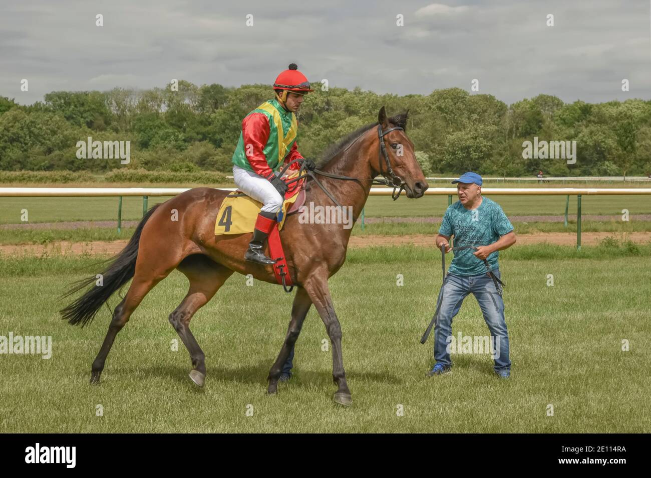 Magdeburg, Germany - 24 June 2017: Jockey warms the red horse before the race und tries to calm the horse down. Race track in Magdeburg Stock Photo