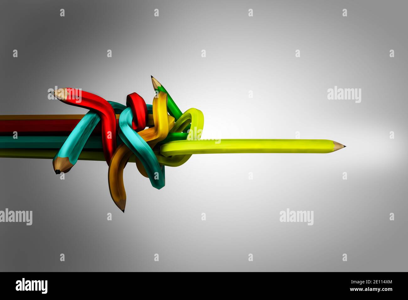Chaos and disorder in the shape of colored pencils turns into a straight yellow pencil in white-gray background. Psychotherapy. 3d illustration Stock Photo