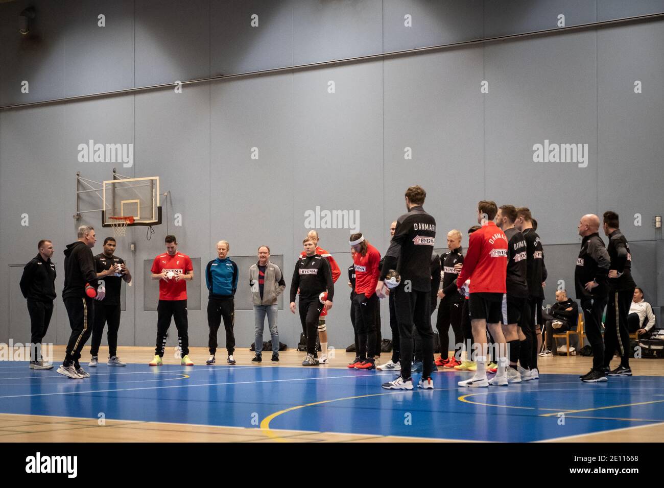 Broendby, Denmark. 03rd Jan, 2021. The players from Denmark men's national handball team gather for training at Idreattens Hus before the 2021 World Championship in Egypt. Here head coach Nikolaj Jacobsen is seen with the squad. Credit: Gonzales Photo/Alamy Live News Stock Photo