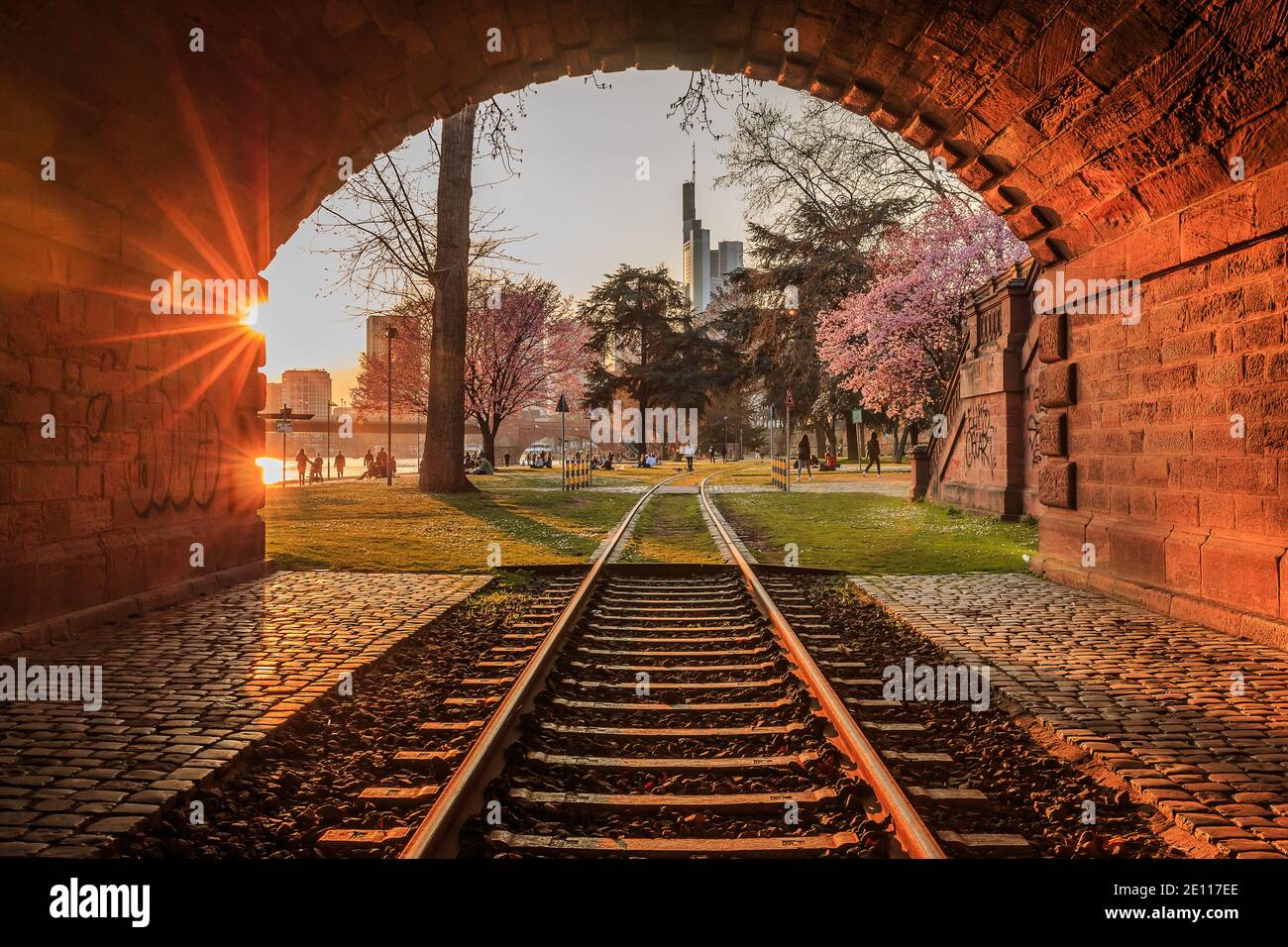 brick tunnel with historic track in the park on the river Main in Frankfurt. View of Frankfurt skyline in the evening at sunset. Trees with purple flo Stock Photo