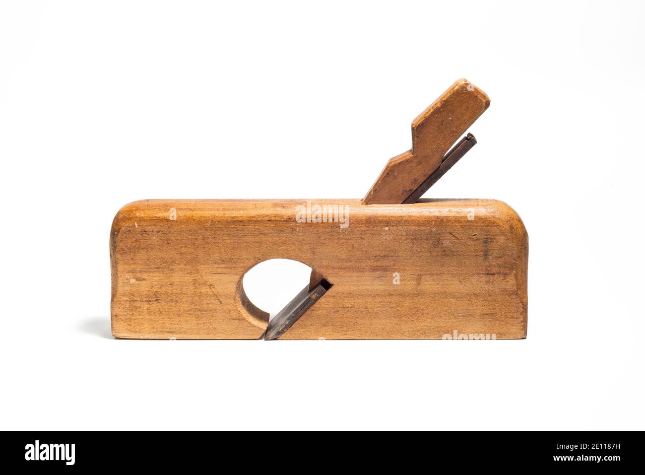 Old wooden jointer isolated on a white background. Stock Photo