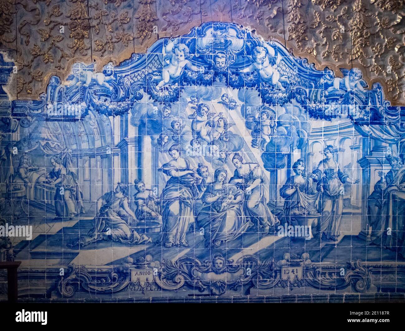 Blue and white tiles panel depicting the birth of Saint John the Baptist in the church of Convento da Conceição, Beja Stock Photo