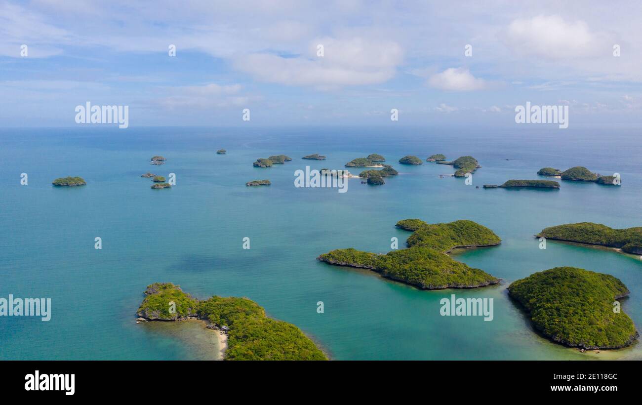 Seascape, a group of small islands, top view. National Park, Alaminos, Pangasinan, Philippines. Popular tourist route. Summer and travel vacation conc Stock Photo