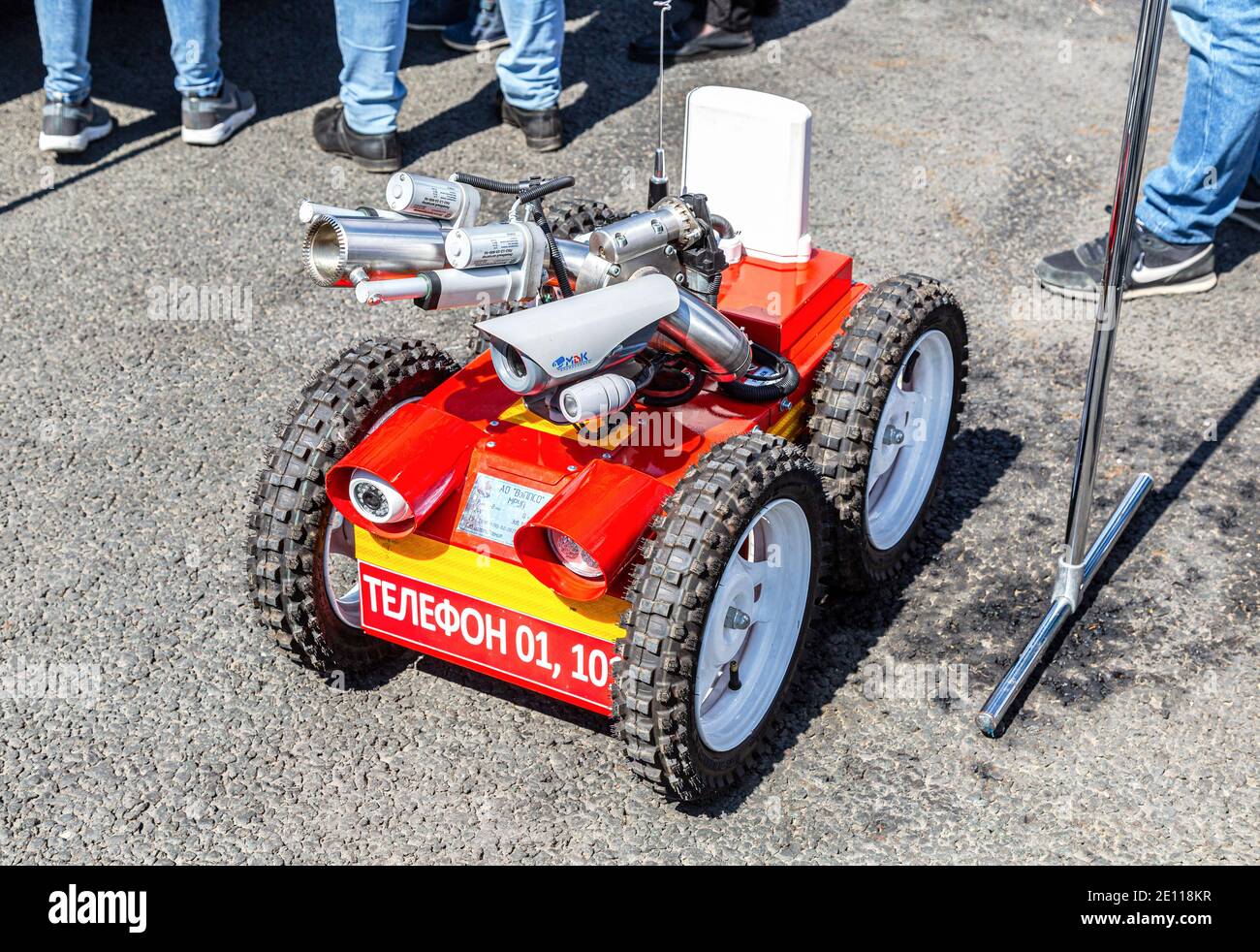 Samara, Russia - May 1, 2019: Fire fighting robot. Mobile autonomous ...