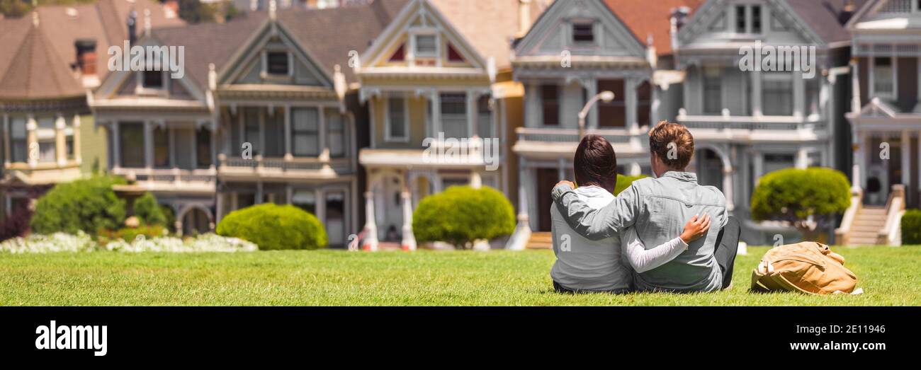 San Francisco travel tourists couple looking at houses landscape banner. First real estate buyers looking to buy a home, homeowner concept. Background Stock Photo