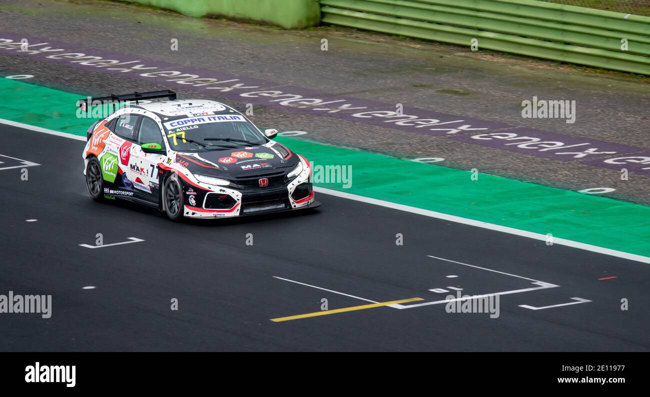 Hyundai racing car action race on straight asphalt track Stock Photo