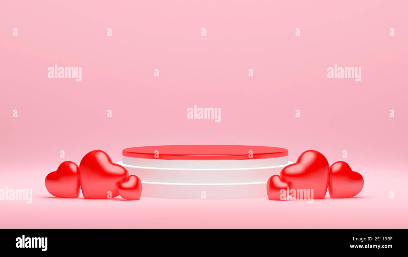Valentines day red and white podium with hearts in 3D rendering for ...