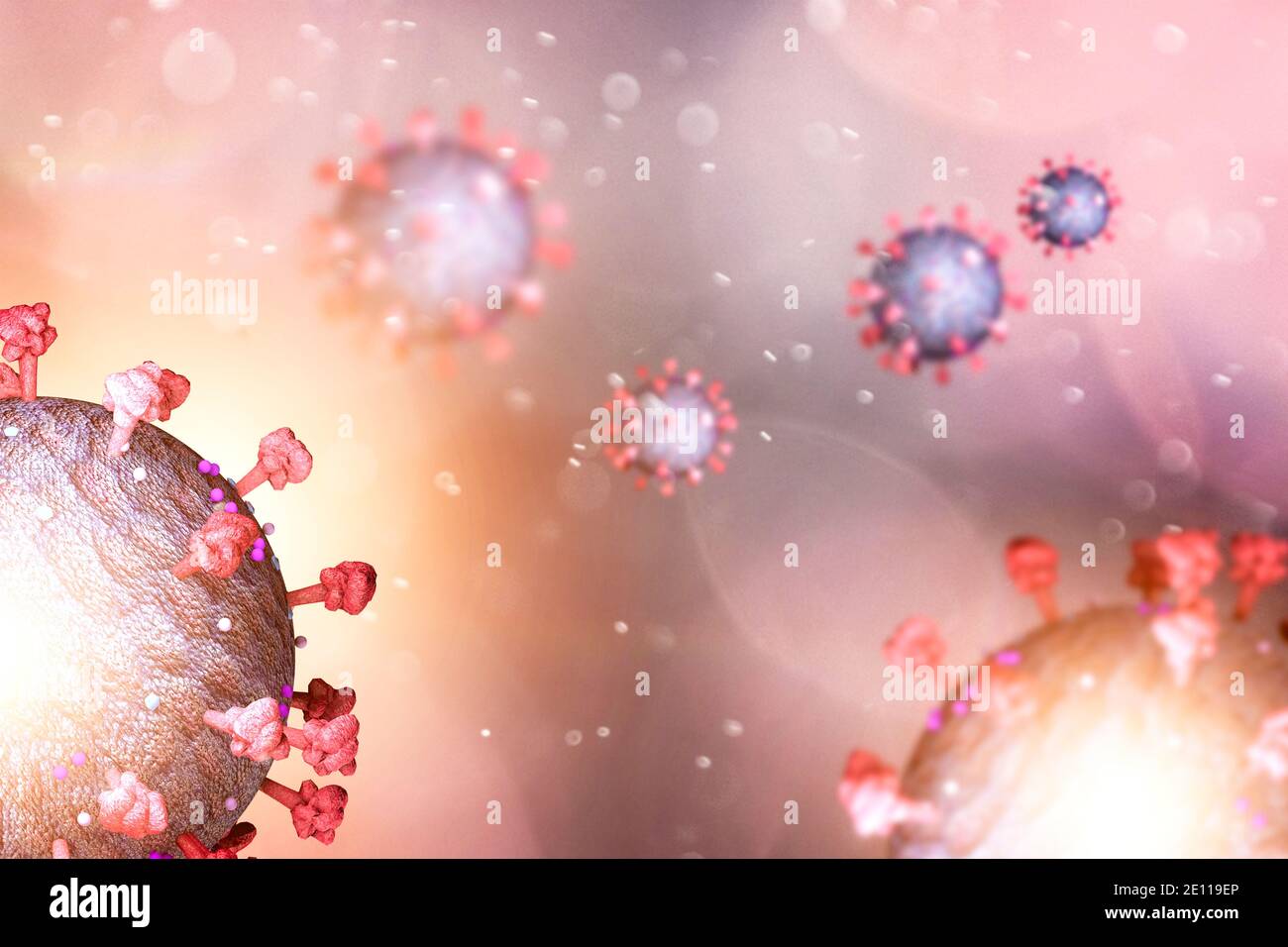 Coronavirus. Microscopic view of covid-19. How SARS-Cov-2 is made. Scientific analyzes and studies. Vaccines, how they act on the virus. 3d render Stock Photo