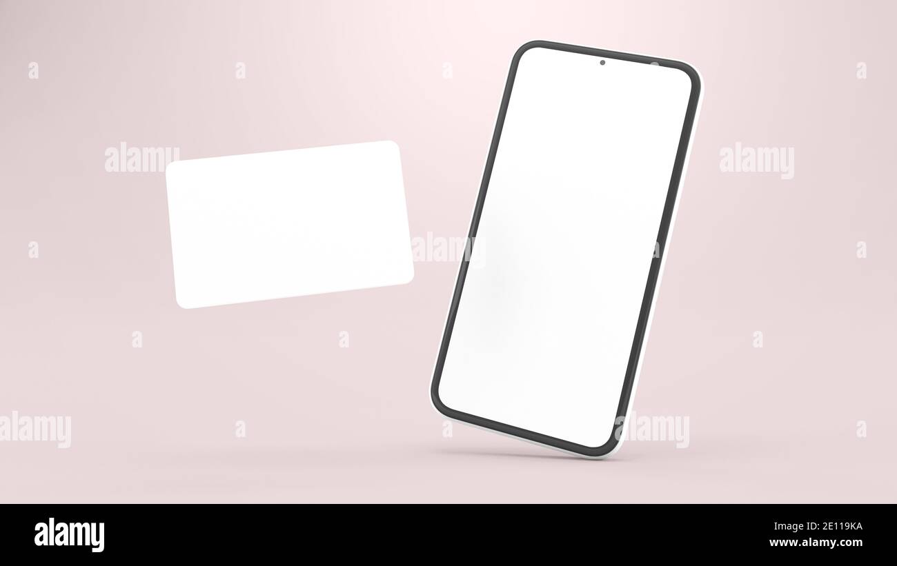 Generic mobile phone and credit card mockup in realistic 3D rendering. Blank screen and design template. Online shopping concept Stock Photo