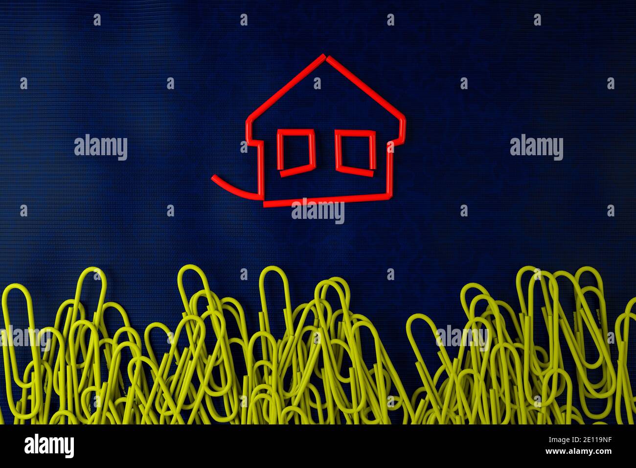 Red house paperclip on blue fabric next to random paperclips. Business