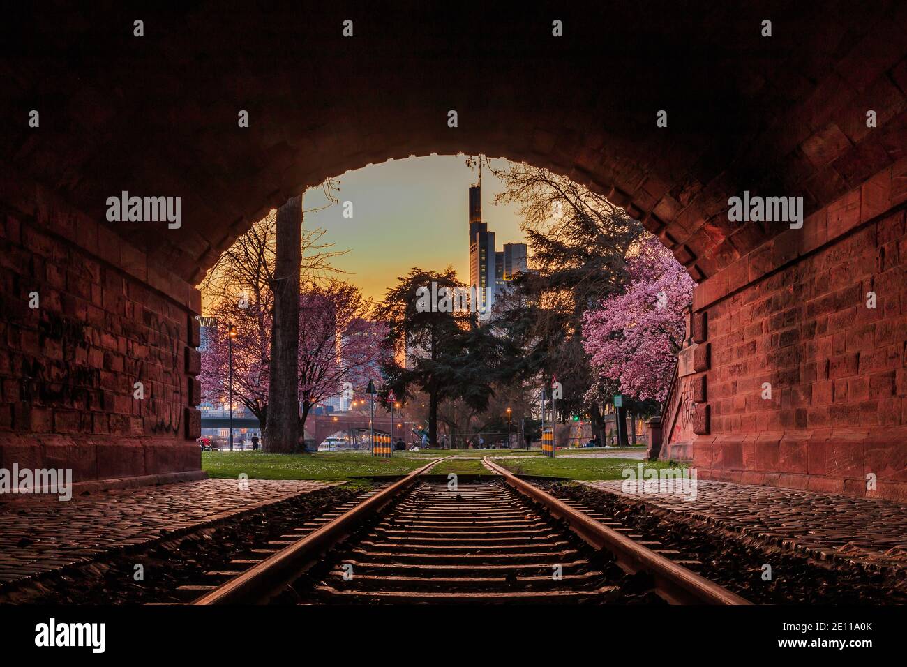 Tunnel in dark red bricks. Historic railway track in the park with trees with blossoms near the river Main in Frankfurt. Skyline of the financial dist Stock Photo