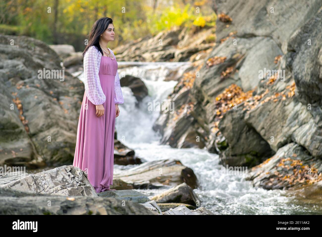 Young pretty woman in long pink fashionable dress standing near small ...