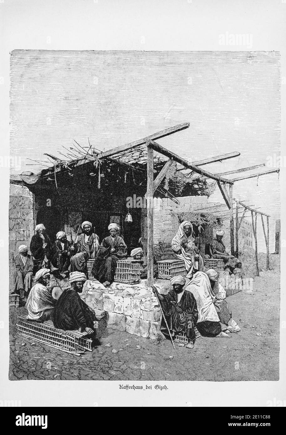 'Kaffeehaus bei Gizeh', coffee shop near Gizeh with customers drinking and smoking, Gizeh, Egypt, 'Die Hauptstädte der Welt.' Breslau about 1987 Stock Photo