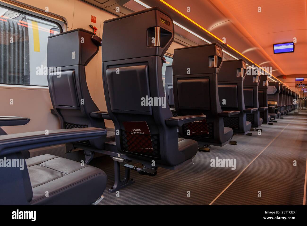 Individual seats in a railroad car. Empty first class benches from