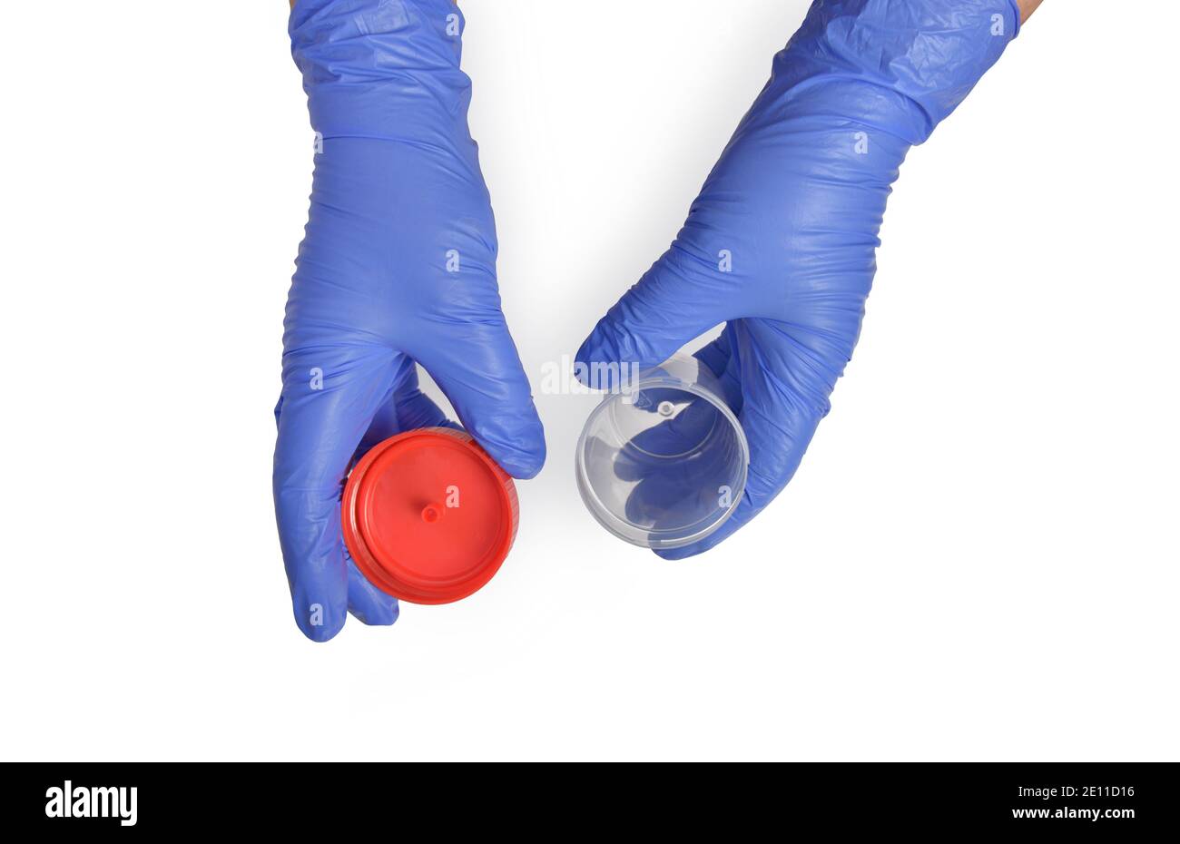 Container for analysis. Hands in blue glove holding an empty container for analysis. Drug test concept. coronavirus. urinalysis. Stock Photo