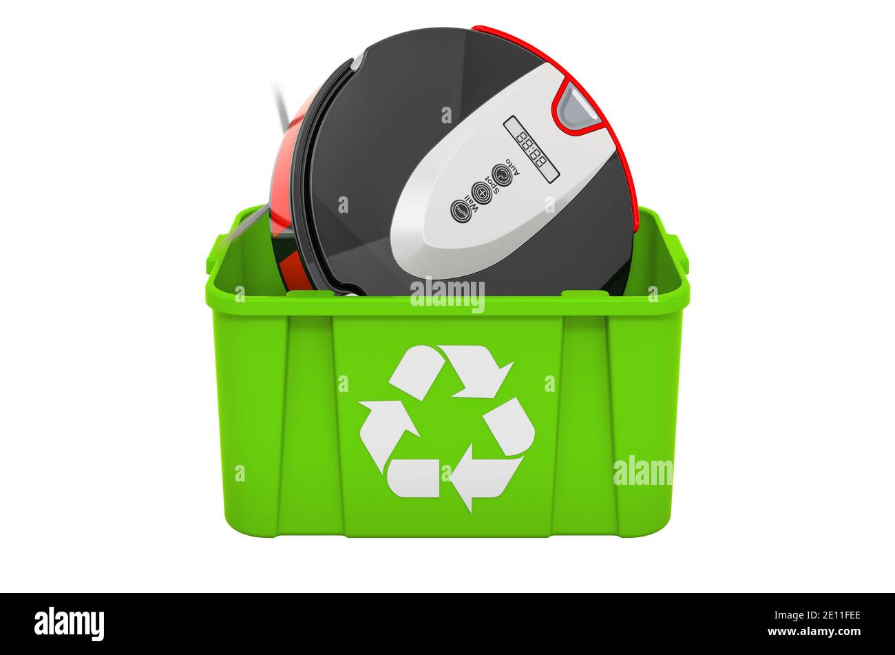 Recycling trashcan with robotic vacuum cleaner, 3D rendering isolated