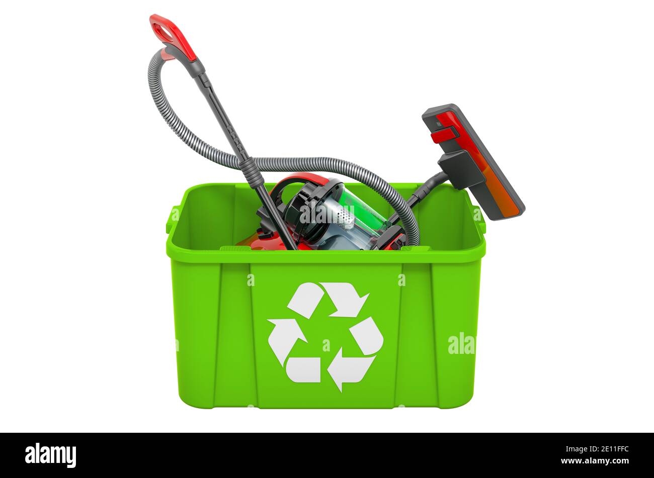 Recycling trashcan with vacuum cleaner, 3D rendering isolated on white