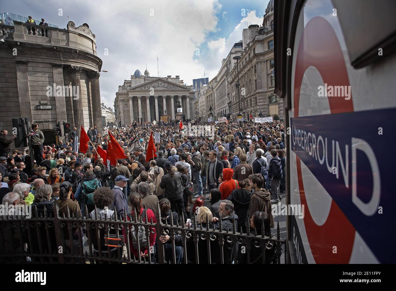 Protesters converge on the Bank of England as anti capitalist and climate change activists demonstrate in the city of London, United Kingdom. Stock Photo