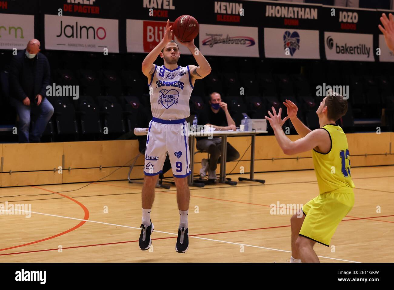 ZWOLLE, NETHERLANDS - JANUARY 3: Mike Schilder of Landstede Hammers during a friendly match between Landstede Hammers and Den Helder Suns in preparati Stock Photo