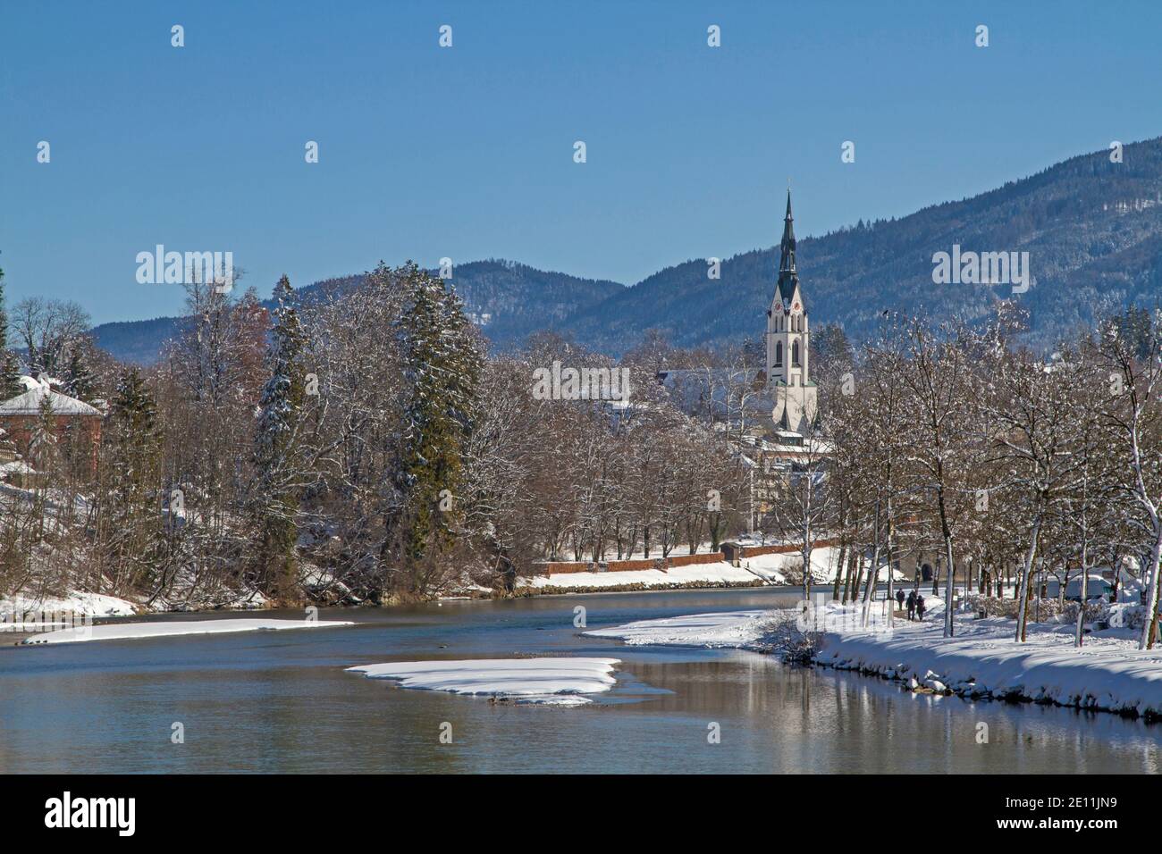 Isar With The Parish Church Of Bad Tölz In Winter Stock Photo