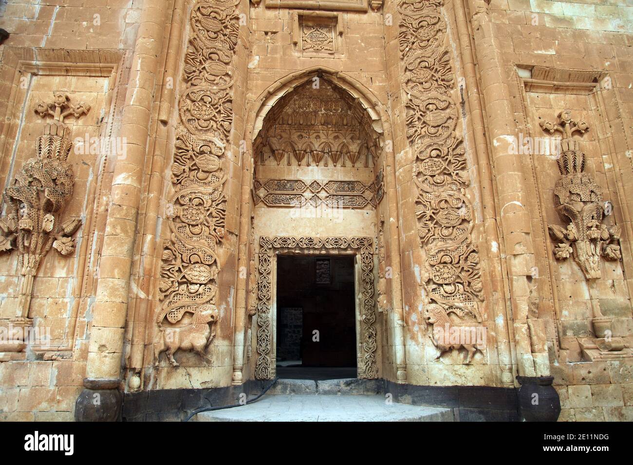 Ishak Pasha Palace entrance at Dogubeyazi in Agri, Turkey. The palace is built on a hill at the side of a mountain 5 km east of Dogubeyazit. Stock Photo