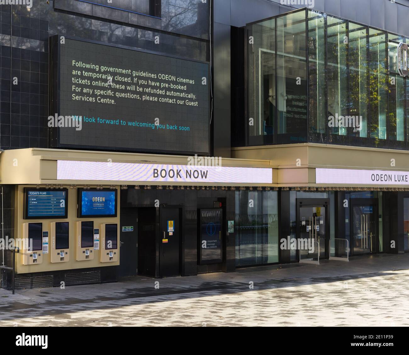 A closed Odeon Cinema in Leicester Square showing a sign about how to get ticket refunds due to closure because of lockdown. London Stock Photo