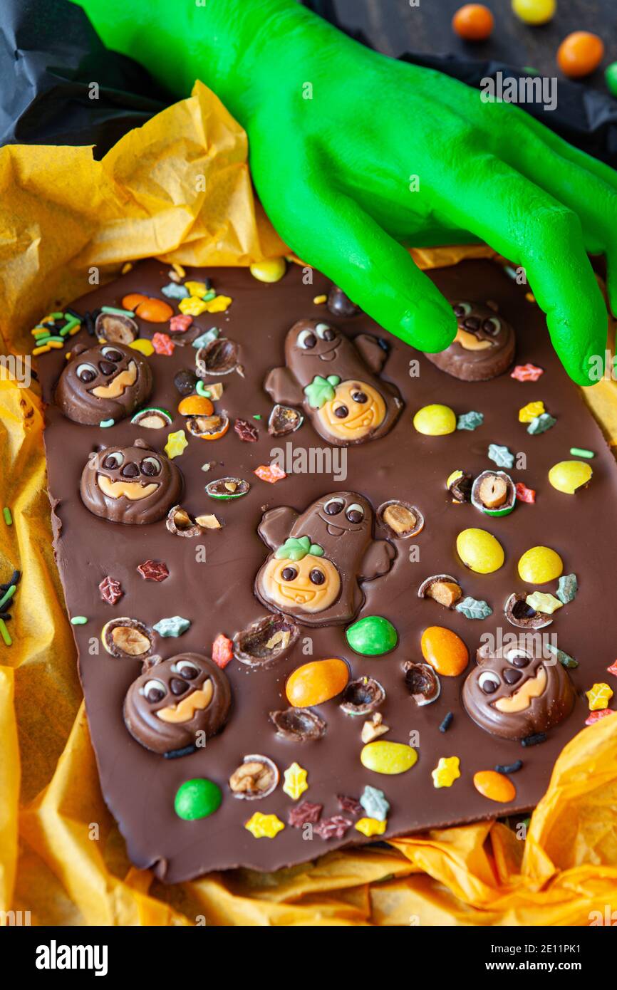Homemade Chocolate Bark For Halloween Stock Photo