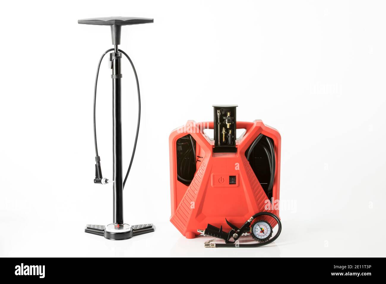 Bicycle Tire Inflator, Air Pump Vs. Mobile Compressor On White Background Stock Photo Alamy