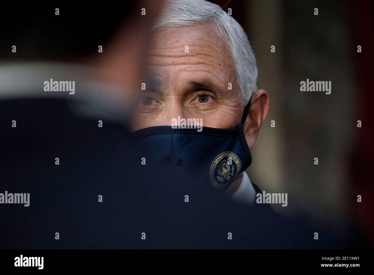 Washington, USA. 03rd Jan, 2021. Vice President Mike Pence finishes a swearing-in ceremony for senators in the Old Senate Chamber at the Capitol in Washington, Sunday, Jan. 3, 2021. (Photo by J. Scott Applewhite/Pool/Sipa USA) Credit: Sipa USA/Alamy Live News Stock Photo