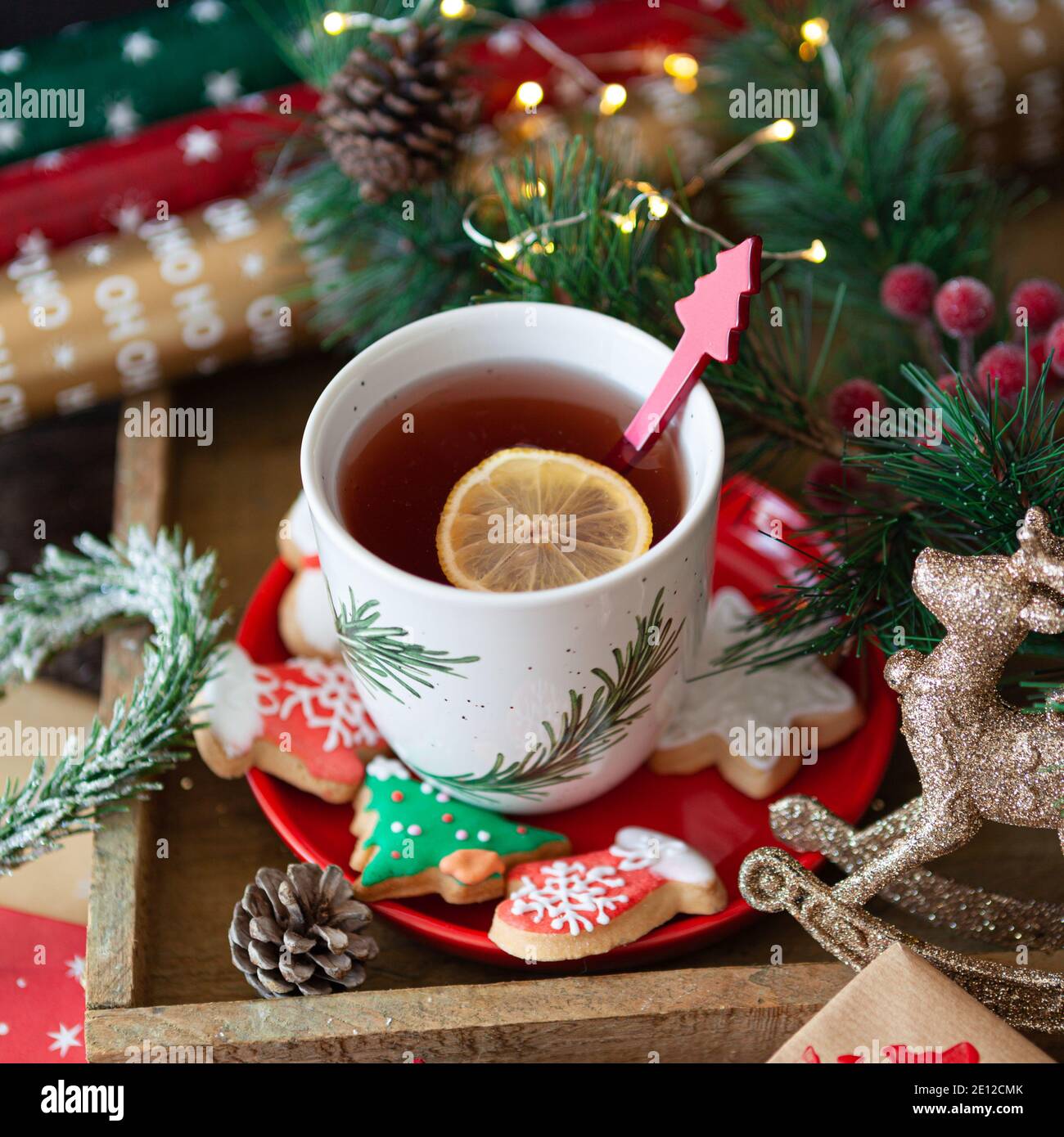Cup Of Tea And Christmas Cookies Stock Photo