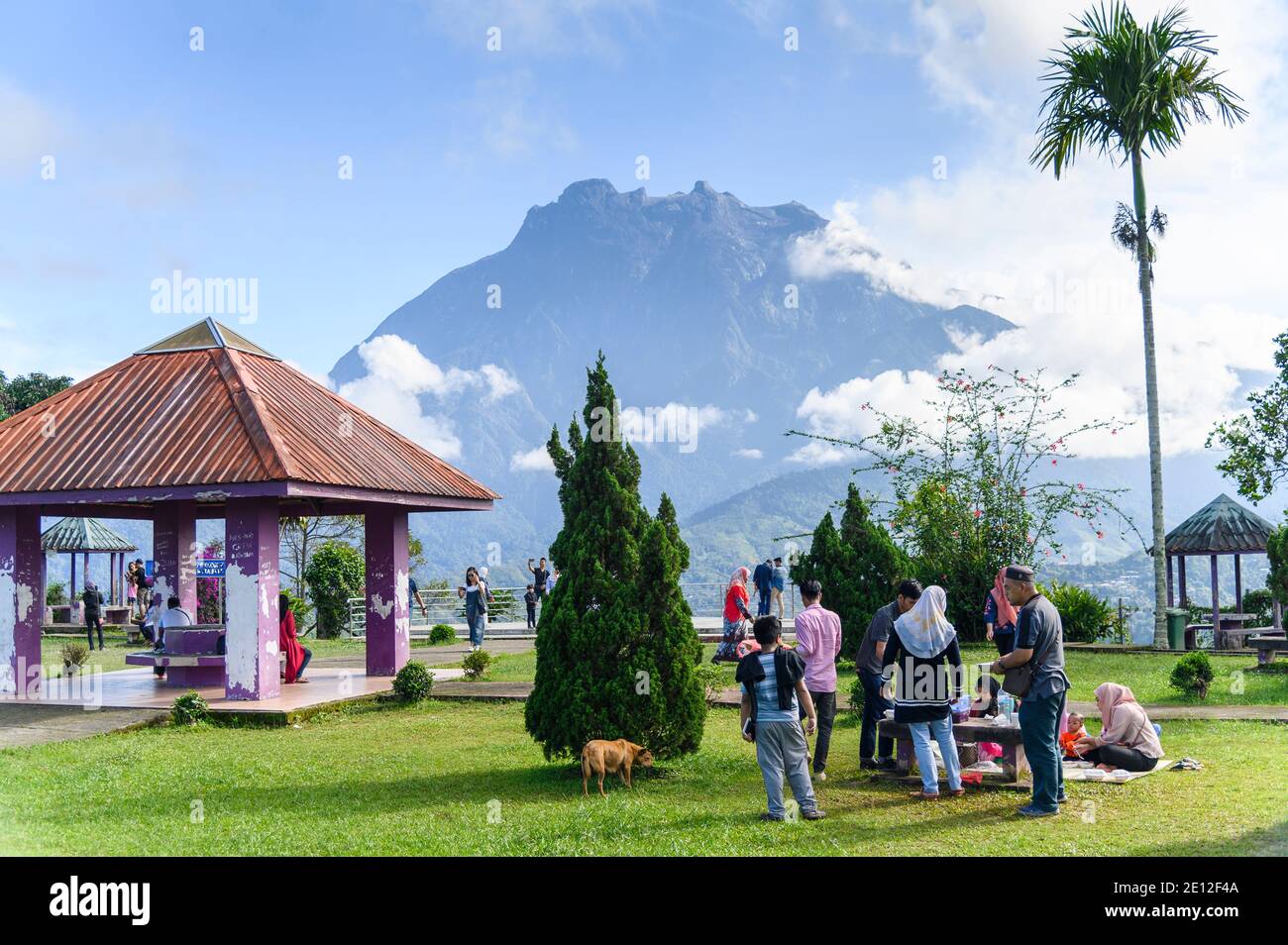 Picnic area with view of Mt Kinabalu in Sabah, Malaysia Stock Photo