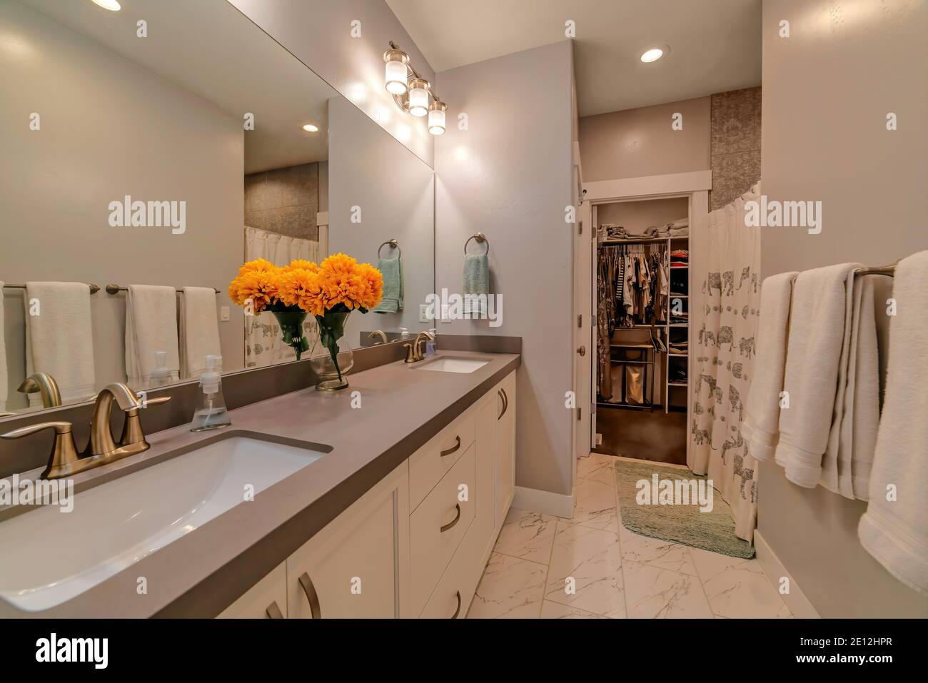 https://c8.alamy.com/comp/2E12HPR/bathroom-vanity-with-double-rectangular-sink-on-gray-countertop-over-cabinets-2E12HPR.jpg