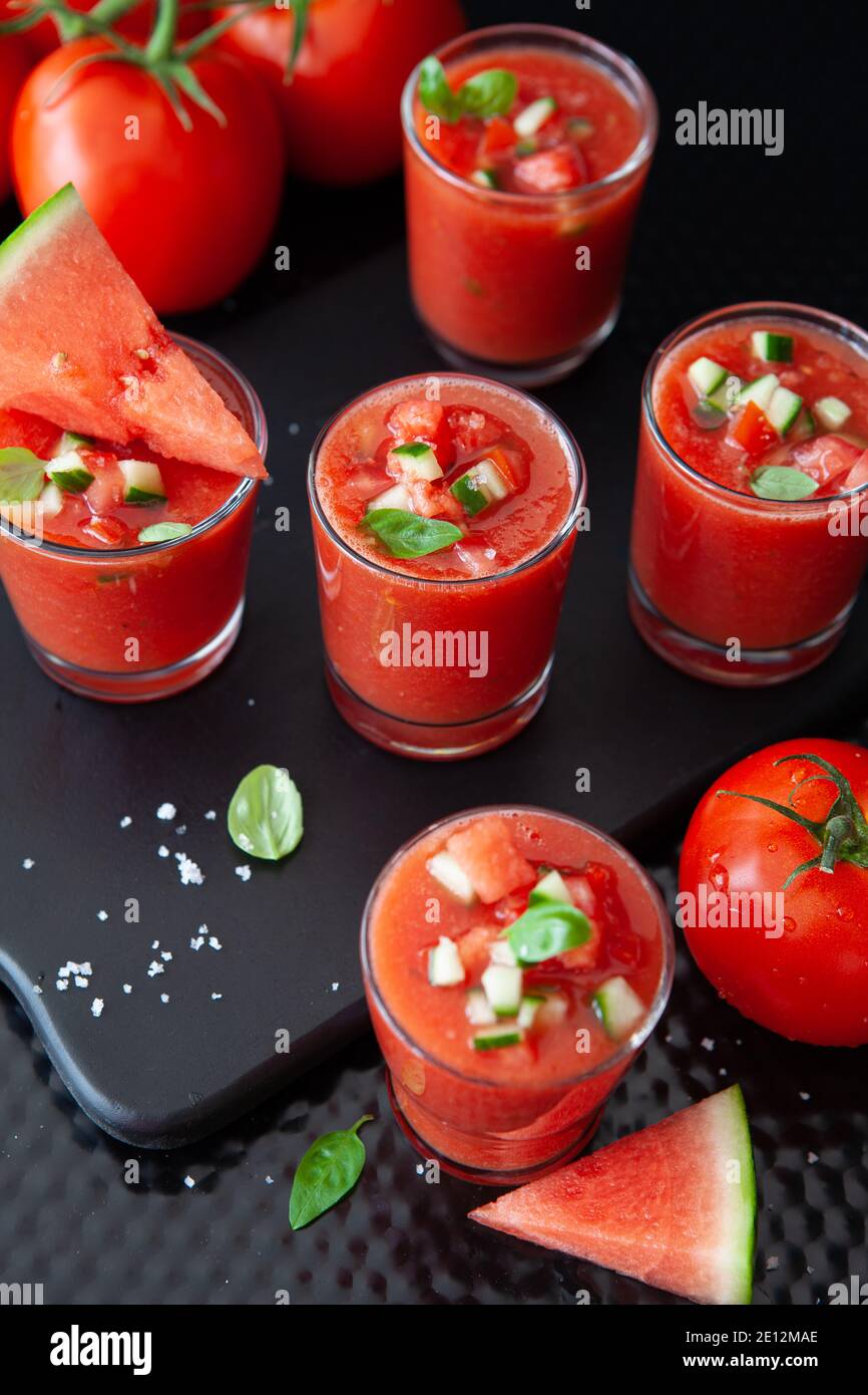 Cold Gazpacho With Tomato And Water Melon Stock Photo Alamy