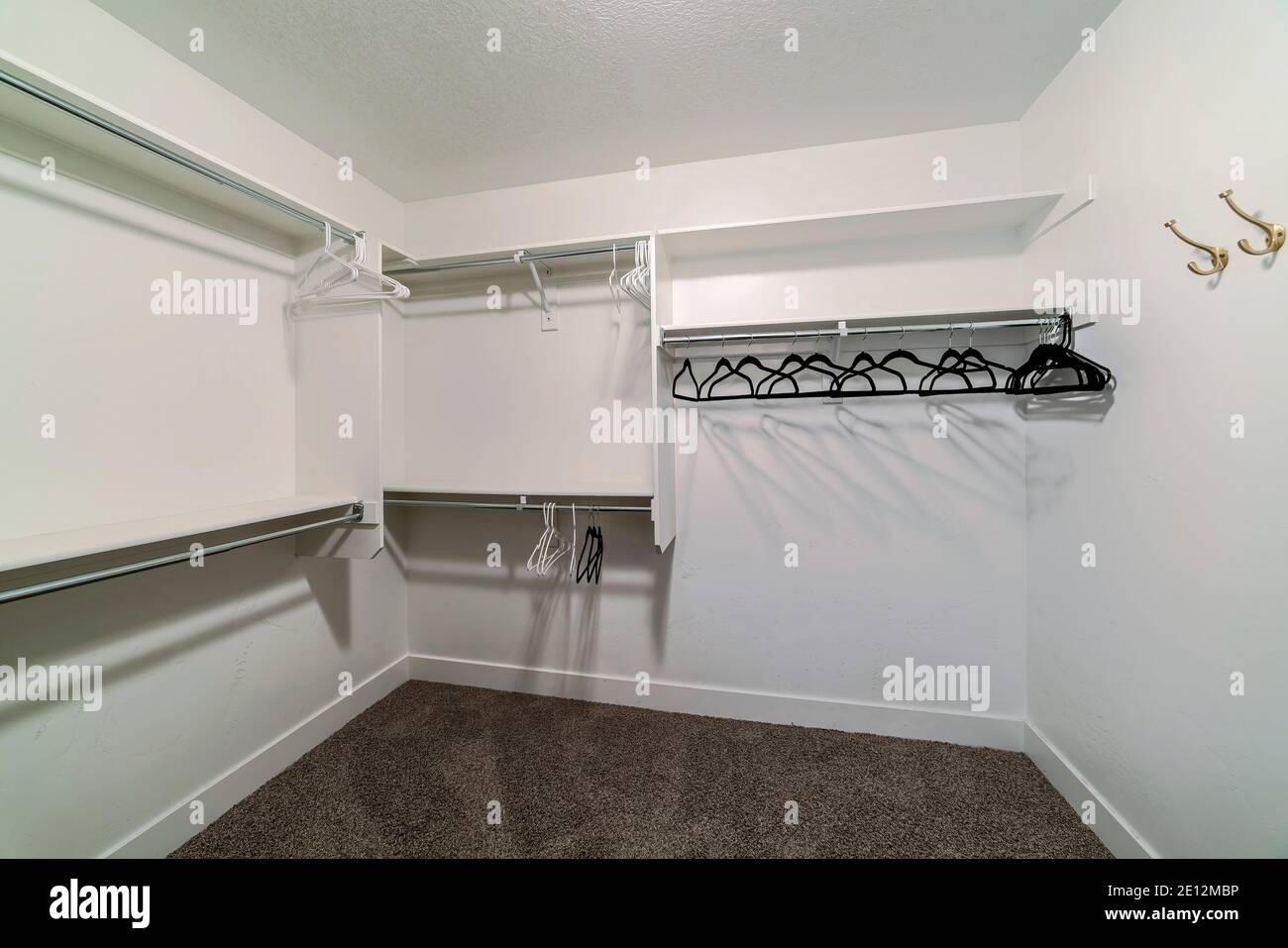 Empty walk in closet of home with white wall and hanges hanging on ...