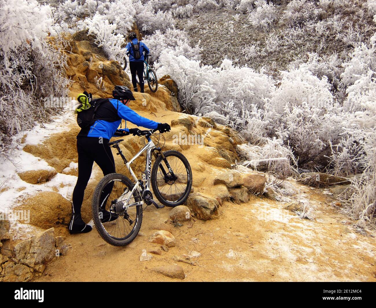 Mountain bikers walking and carrying their bikes up a steep section of Boise, Idaho's Hull Gulch Trail in the midst of heavy winter hoarfrost. Stock Photo