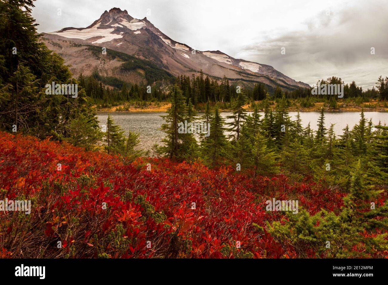 The brilliant red of autum huckleberries contrast with the evergreens in the foreground in this photo of Oregon's Russell Lake and Mt Jefferson. Stock Photo