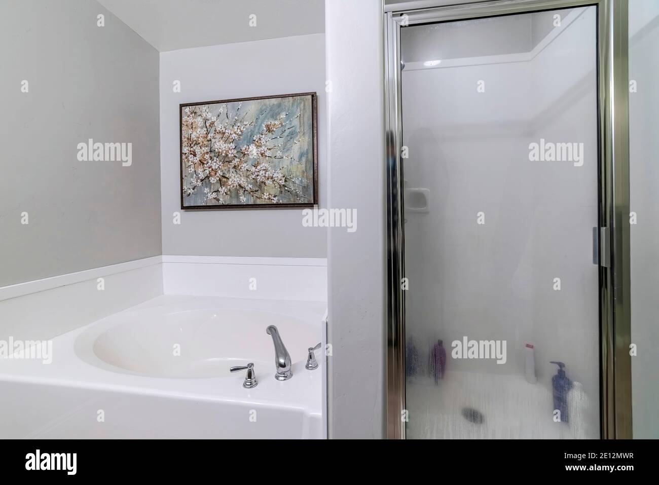 Built in bathtub and shower stall inside bathroom with floral painting ...