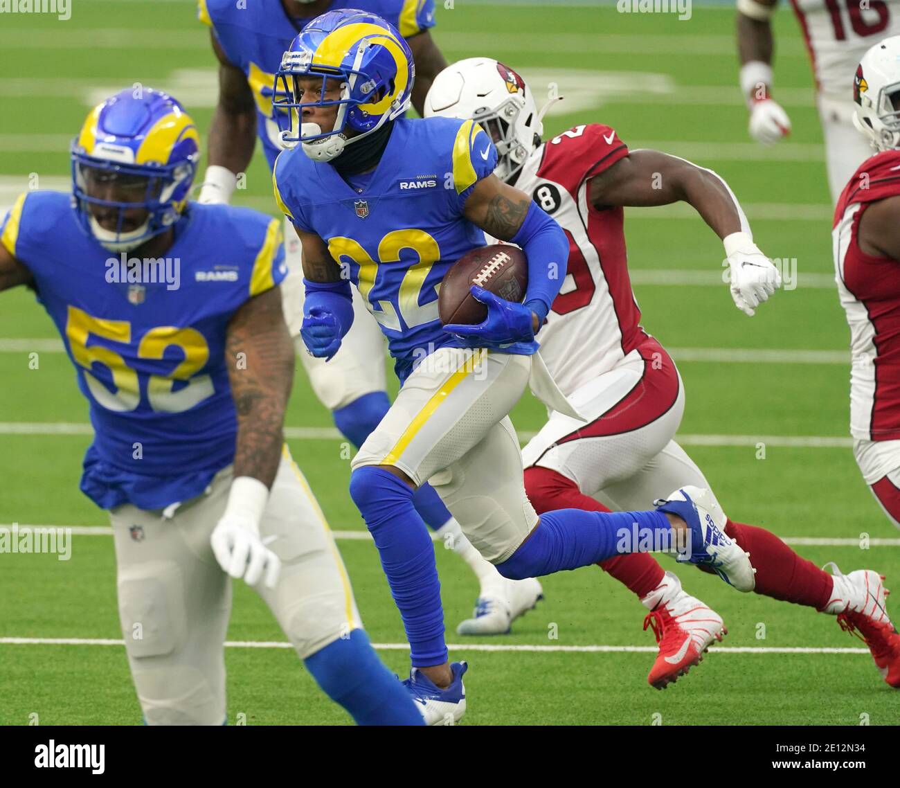 Inglewood, United States. 03rd Jan, 2021. Los Angeles Rams cornerback Troy Hill (22) runs back and interception for a touchdown against the Arizona Cardinals at SoFi Stadium in Inglewood, California on Sunday, January 3, 2021. The Rams defeated the Cardinals 18-7. Photo by Jon SooHoo/UPI Credit: UPI/Alamy Live News Stock Photo