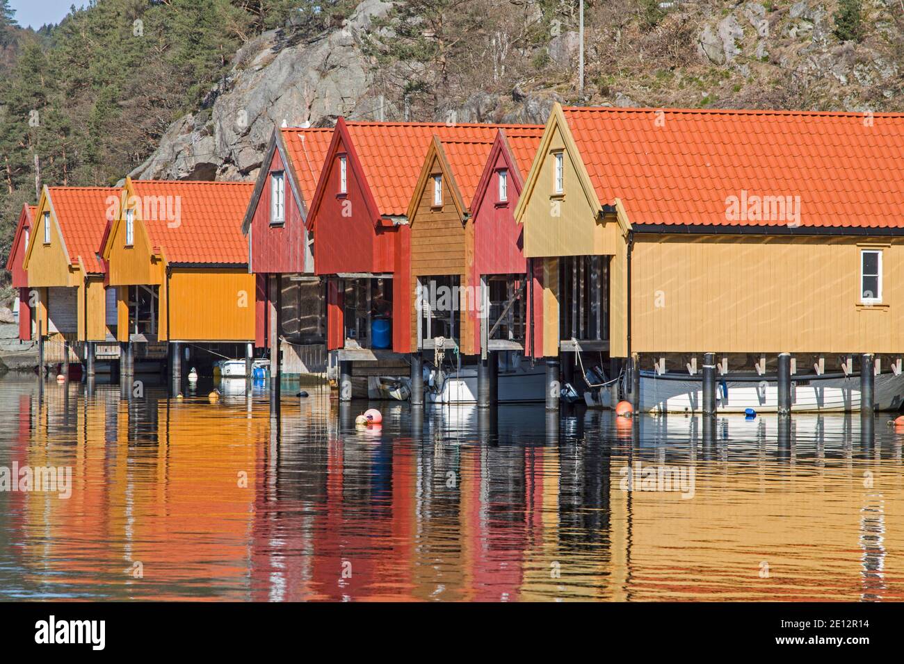 Traditional Boat Huts At The Harbor Of Hollen In Vest Agder Stock Photo