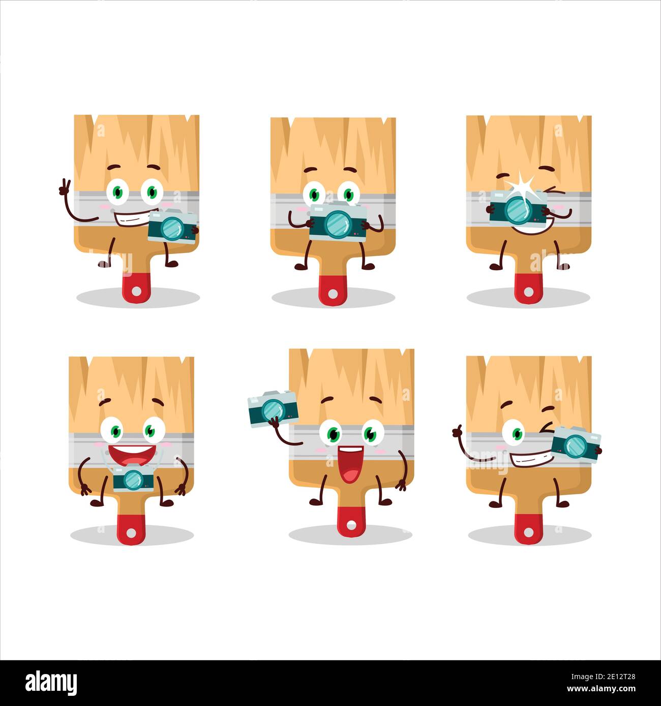 Photographer profession emoticon with wooden paint brushes cartoon character. Vector
