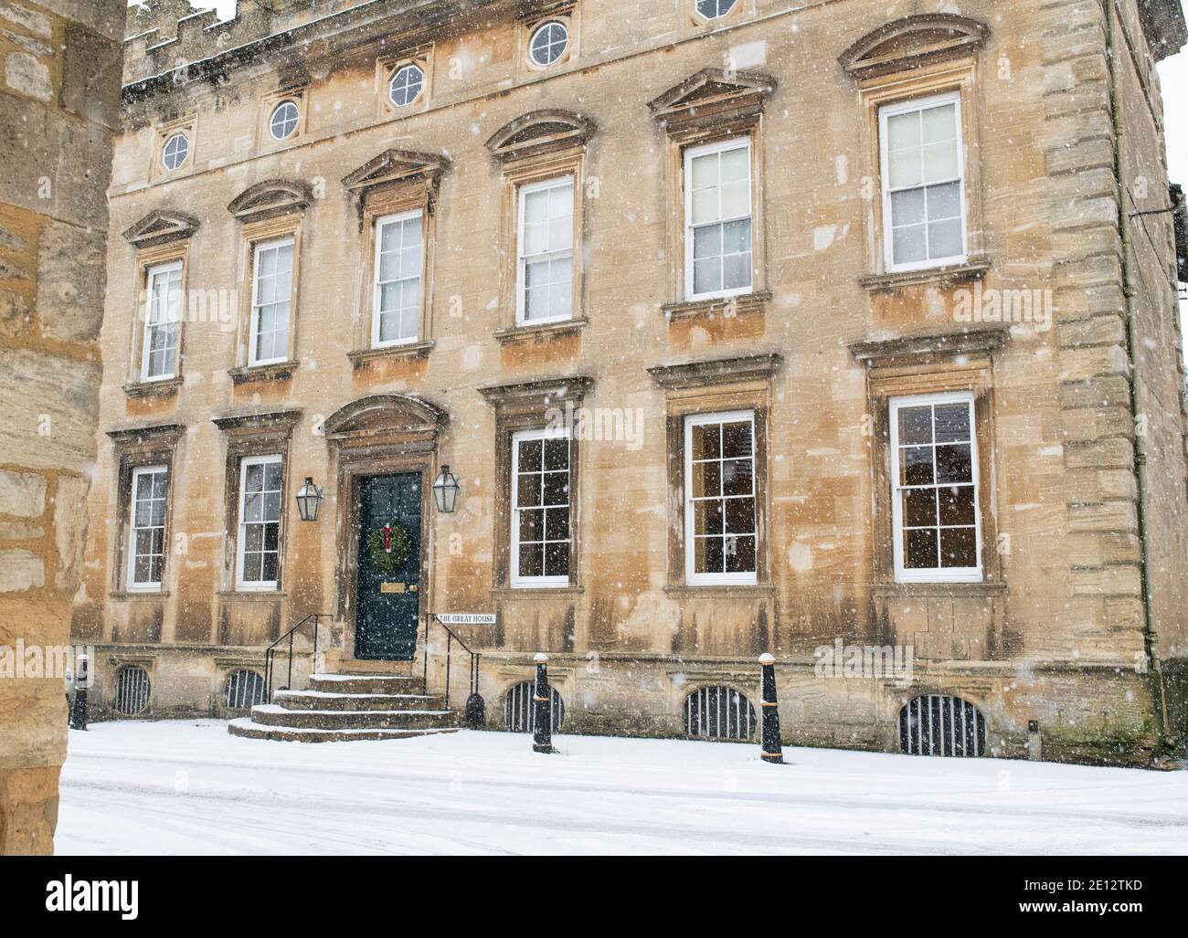 The Great House in Witney Street in the snow. Burford, Cotswolds