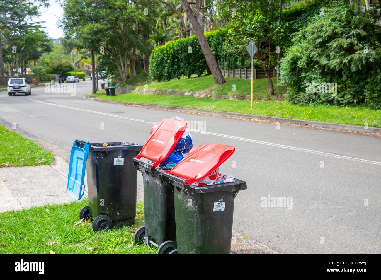 Sydney household wheelie bins at the kerbside for council collection of
