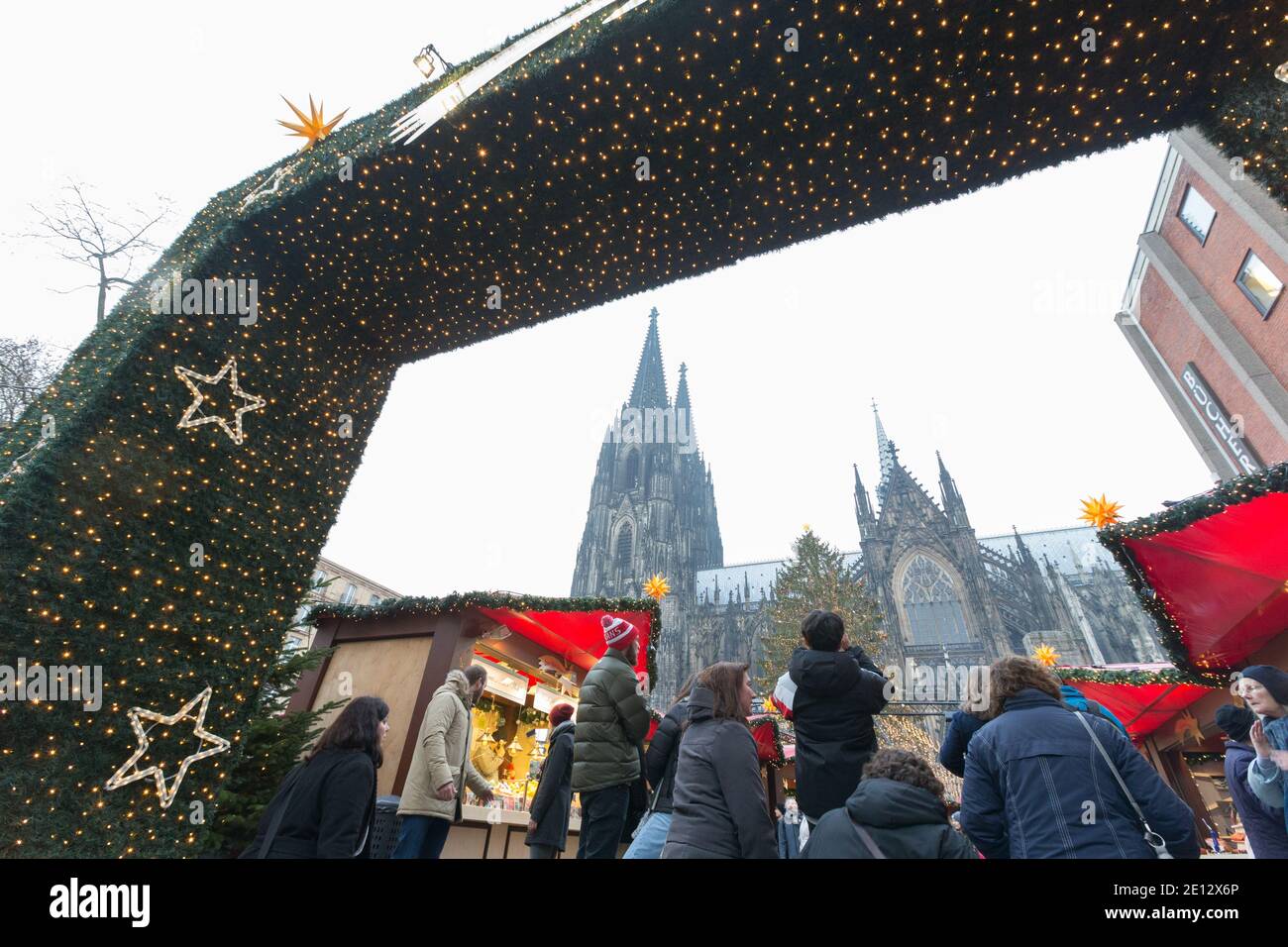 Entrance to the Christmas Market, or Weihnachtsmarkt  at the Cologne Cathedral. Stock Photo