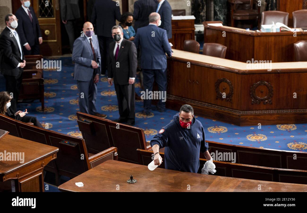 Capitol workers disinfect the House floor in the Capitol before members of the 117th Congress are sworn in on Sunday, January 3, 2021. Photo By Bill Clark/Pool/ABACAPRESS.COM Stock Photo