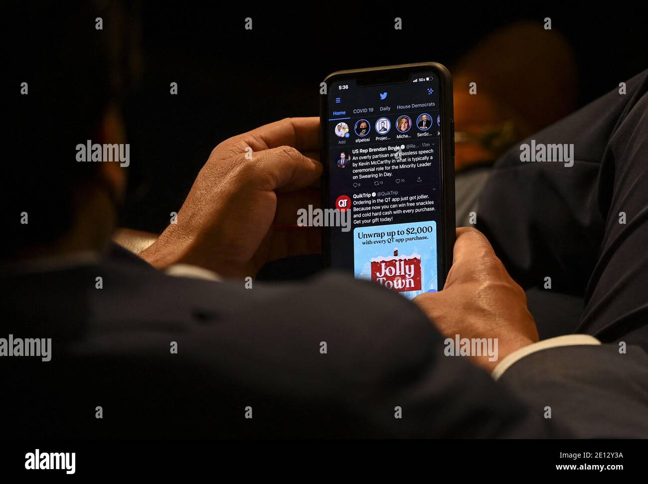 Washington, DC - January 03: A House member checks his phone on the opening day of the 117th Congress at the U.S. Capitol in Washington, DC on January 03, 2021. Photo by Bill O'Leary/Pool/ABACAPRESS.COM Stock Photo