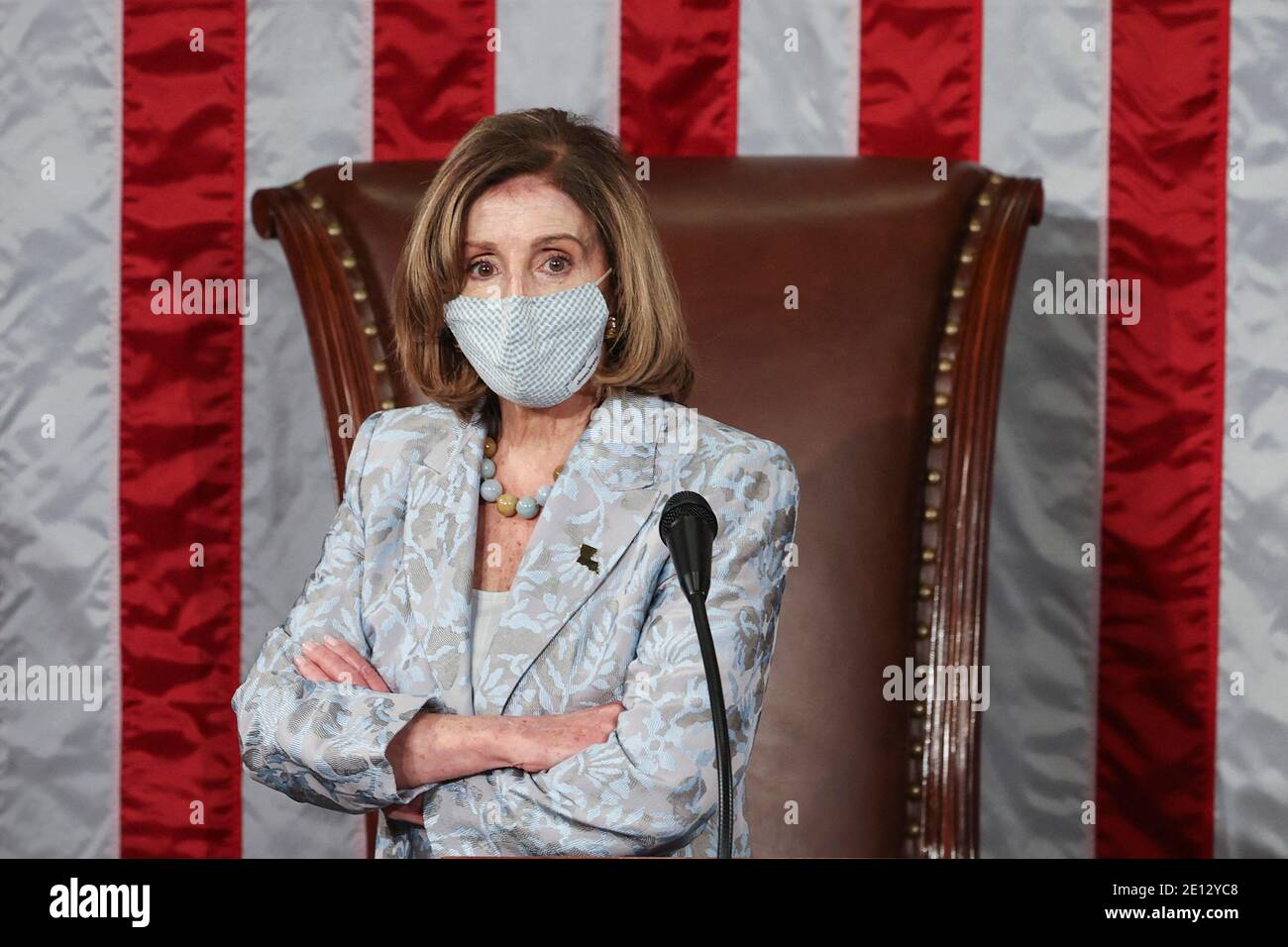 WASHINGTON, DC - JANUARY 03: Speaker of the House Nancy Pelosi (D-CA) waits during votes in the first session of the 117th Congress in the House Chamber at the US Capitol on January 03, 2021 in Washington, DC. Both chambers are holding rare Sunday sessions to open the new Congress on January 3, as the Constitution requires. Photo by Tasos Katopodis/Pool/ABACAPRESS.COM Stock Photo