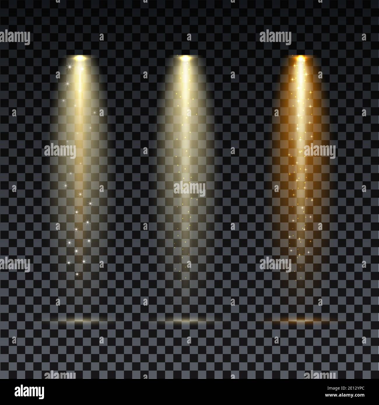 Gold spotlight. Bright lighting with spotlights of the stage on transparent background Stock Vector
