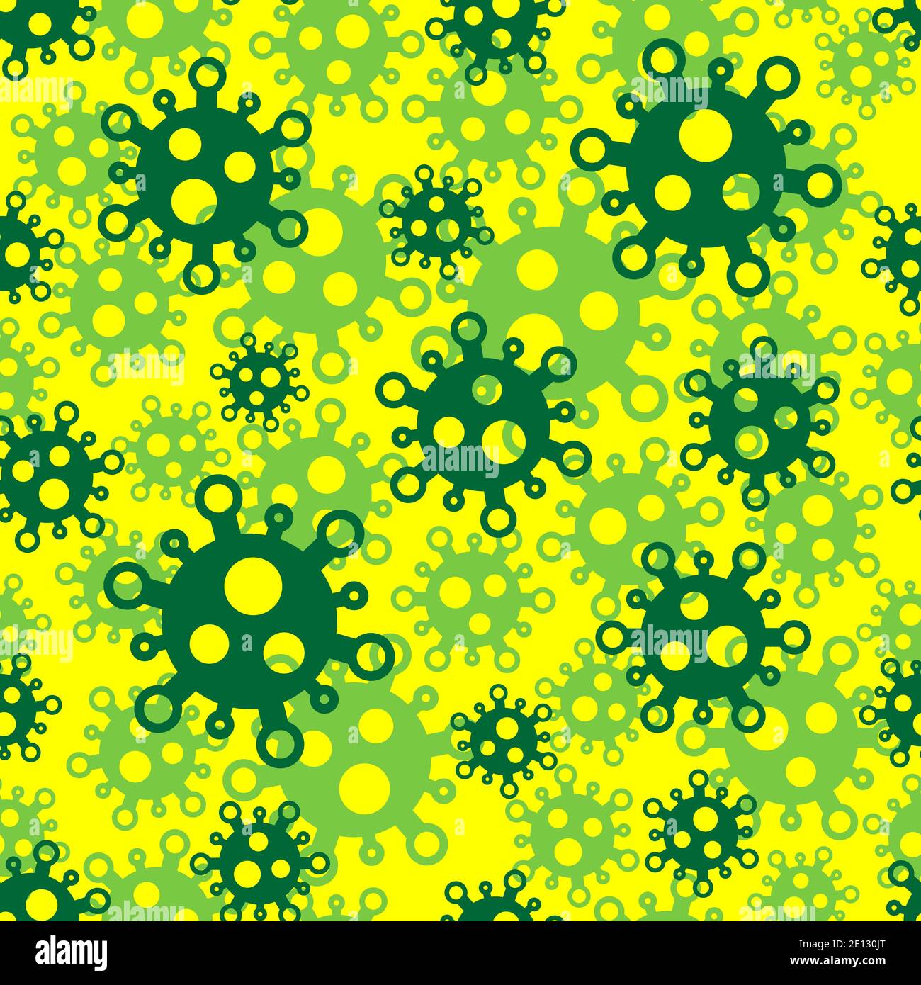 Seamless pattern with coronavirus symbols. Green cells on a yellow ...