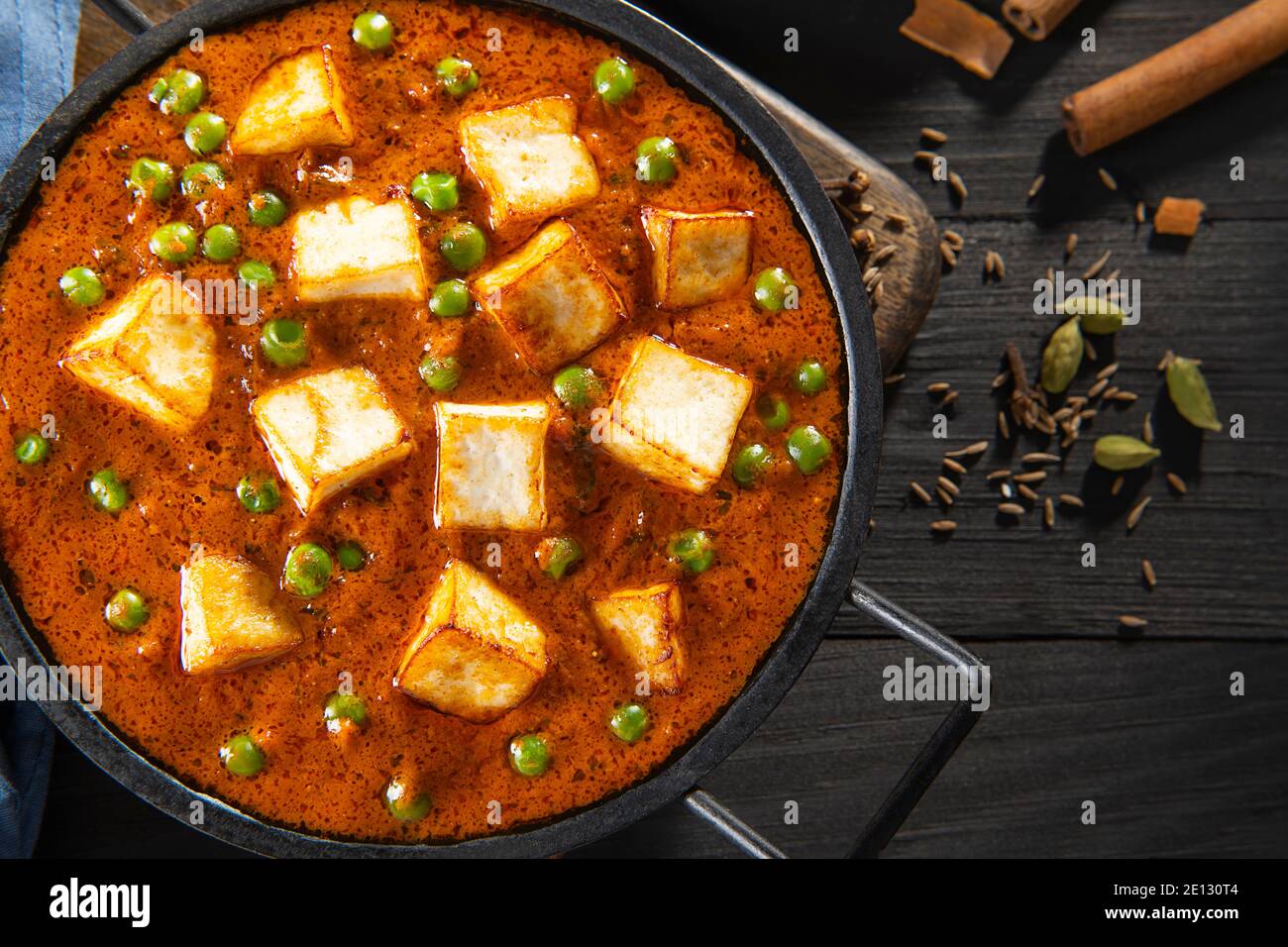 Mattar Paneer or cottage cheese with Peas. A vegetarian Indian delicacy Stock Photo