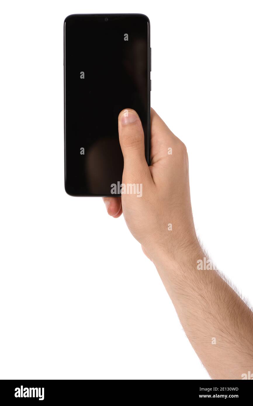 Man hand holding the black smartphone with blank screen. isolated on ...